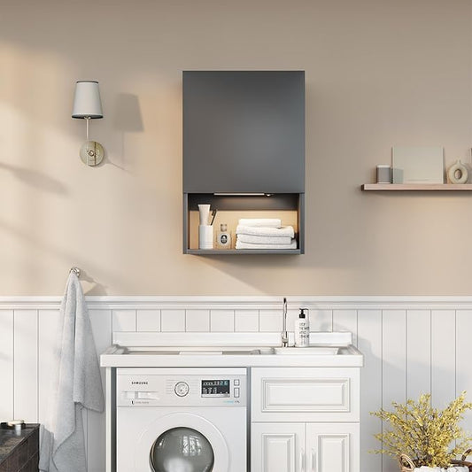 Wall Mounted Storage Cabinets with Lights, Over-The-Toilet Storage Vanity, Bathroom Medicine Organizer Adjustable Shelves Cabinet for Small Spaces (Black)