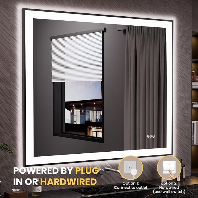LOAAO 48"X40" LED Bathroom Mirror Black Framed | Anti-Fog, Dimmable, Memory Function, Tempered Glass, Lighted Vanity Mirror for Wall