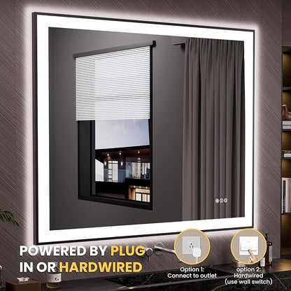 LOAAO 48"X40" LED Bathroom Mirror Black Framed | Anti-Fog, Dimmable, Memory Function, Tempered Glass, Lighted Vanity Mirror for Wall