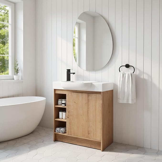 30" Freestanding Bathroom Vanity with Sink, Floor Cabinet, Natural | Integrated Ceramic Sink, Soft-Close Door & 3 Open Storage Shelves, Small Bath Vanity Set, Easy to Clean