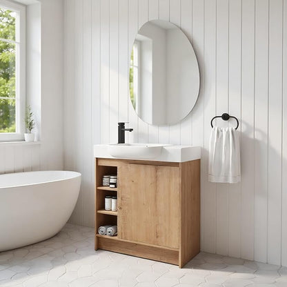 30" Freestanding Bathroom Vanity with Sink, Floor Cabinet, Natural | Integrated Ceramic Sink, Soft-Close Door & 3 Open Storage Shelves, Small Bath Vanity Set, Easy to Clean