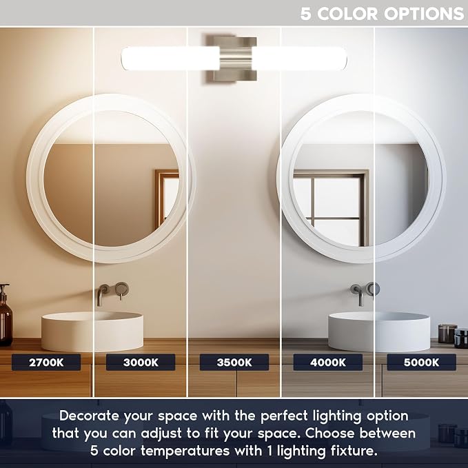 LUXRITE LED Bathroom Vanity Light Fixtures 24 Inch Brushed Nickel 5 CCT 2700K-5000K Selectable Over Mirror Vanity Lights Modern Wall Light Bar 24W 1700 Lumens CRI 90 Dimmable Damp Rated ETL Listed
