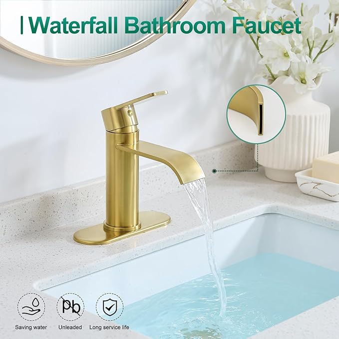 VOTON Waterfall Bathroom Faucet Brushed Gold, Single Handle 1 or 3 Hole Modern Sink Faucet with Deck Plate & Pop-Up Drain, RV Camper Vanity Washbasin Tap