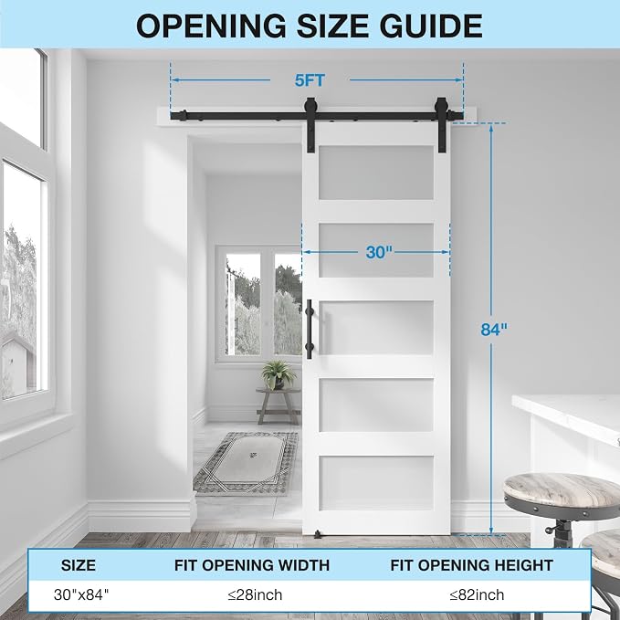 30in x 84in 5-Panel Sliding Glass Barn Door with 4ft Hardware Kit | Easy Assembly with Pre-Drilled Holes, Waterproof, Frosted Glass for Bathroom-Fit Max Opening 28in x 82in