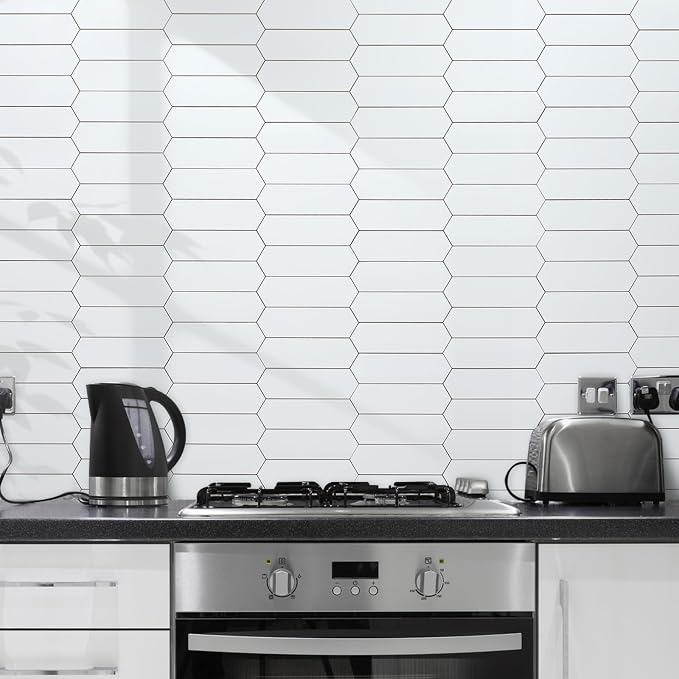 DICOFUN 1 Sheet Polished White Long Hexagon Peel and Stick Backsplash, 12"x12" PVC Stick on Backsplash Wall Tiles for Kitchen and Bathroom