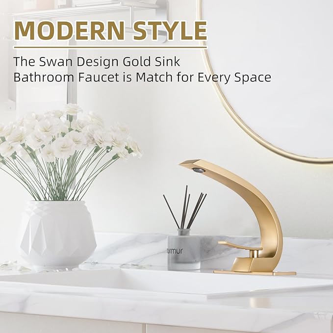 Brushed Gold Bathroom Sink Vanity Elegance Swan Faucet for 1 Hole With 6-Inch 3 Hole Deckplate,Rikaziya Bathroom Fixtures Basin Mixer Faucets Centerset With 9/16" Supply Hose and to 1/2" Adapter Combo