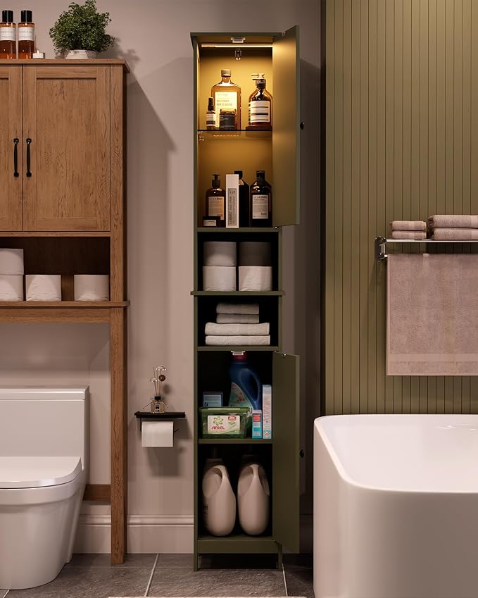 HAIOOU 67" Tall Bathroom Storage Cabinet with Light,11.8"W Narrow Bathroom Cabinet with Adjustable Glass Shelves,Slim Freestanding Cabinet for Small Spaces,Skinny Cabinet for Kitchen,Living Room Green
