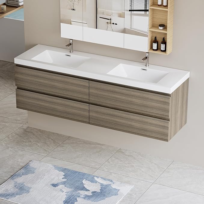 Floating Vanity Bathroom, 72 Inch Bathroom Vanity with Sink, Wall Mounted Double Sink Bathroom Vanity, Soft Closed 2 Drawers, Integrated Sink (Ash Grey)