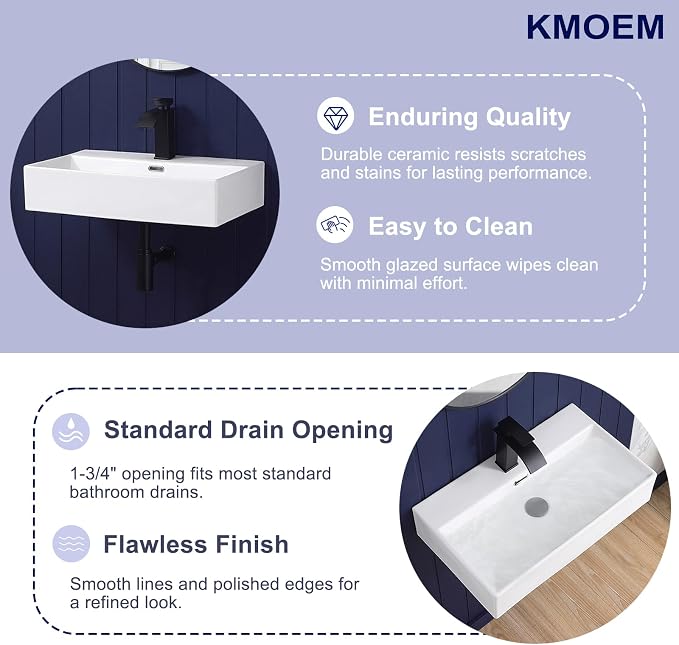 Wall Mount Bathroom Sink 24"x14" Small Vessel Sink Wall Mounted Rectangular Wall Hung Mini White Porcelain Ceramic Floating Tiny Sink with Overflow, Durable, Space-Saving, Ideal for Home,RV