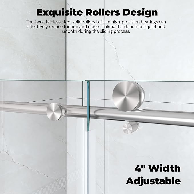 Frameless Sliding Shower Door 56–60 inch W x 76 inch H, Sliding Shower Door with Fixed Panel, Stainless Steel Round Rail, 8mm Tempered Glass with Coating, Single Sliding Shower Door, Brushed Finish
