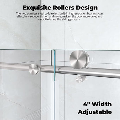 Frameless Sliding Shower Door 56–60 inch W x 76 inch H, Sliding Shower Door with Fixed Panel, Stainless Steel Round Rail, 8mm Tempered Glass with Coating, Single Sliding Shower Door, Brushed Finish