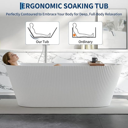 Freestanding Bathtub 67 Inch Acrylic Free Standing Tub – Modern Oval Tapered Design Vertical Ribbed Texture, CUPC Certified, Freestanding Bathtubs for Bathroom Remodel & Home Spa Comfort