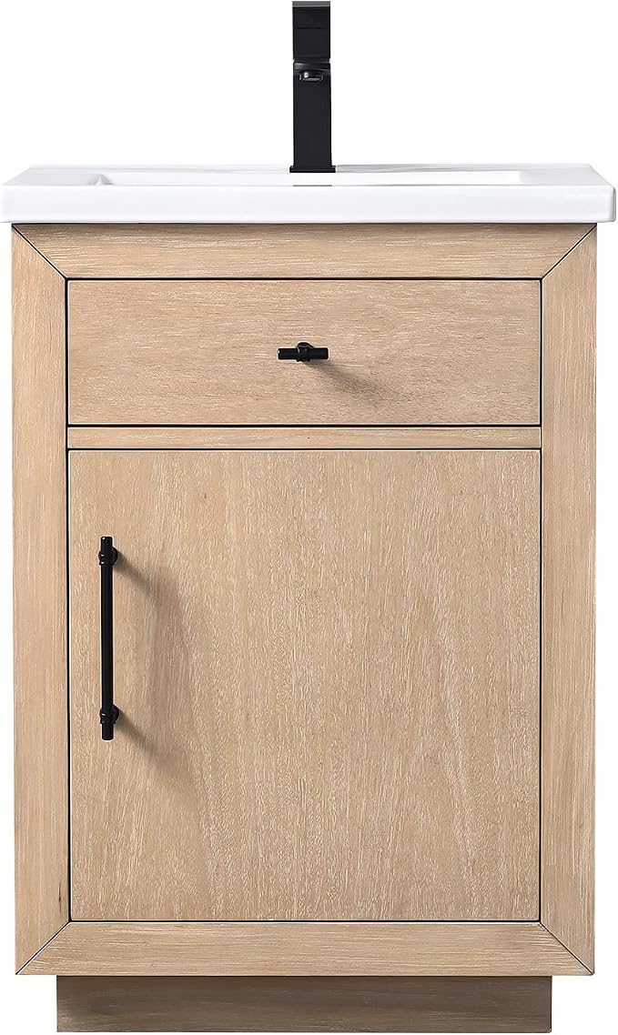 24 Inch Bathroom Vanity with Single Sink & Ceramic Top, MDF Material Vanity Cabinet with Basin Combo, Soft-Closing Doors, Removable Shelf, Backsplash