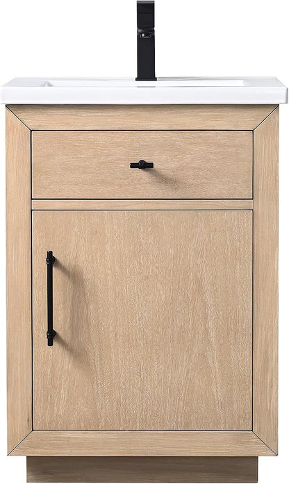 24 Inch Bathroom Vanity with Single Sink & Ceramic Top, MDF Material Vanity Cabinet with Basin Combo, Soft-Closing Doors, Removable Shelf, Backsplash