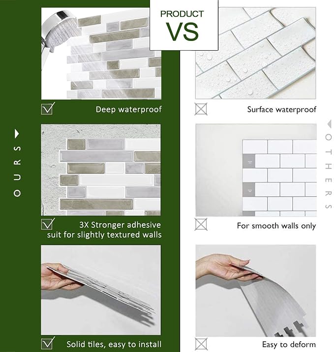 STICKGOO Peel and Stick Backsplash - 10 Sheets of 12”×12” - 3D Self Adhesive Peel and Stick Tile Backsplash for Kitchen & Bathroom