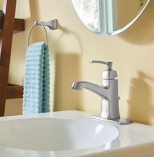Moen Conway Spot Resist Brushed Nickel One-Handle Single Hole or Centerset Bathroom Faucet with Drain Assembly, WS84923SRN