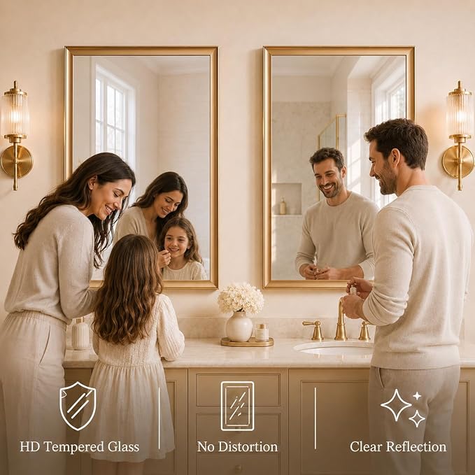 2 Pack 24x36 Inch Brushed Gold Bathroom Mirrors for Over Sink | Curved Aluminum Frame Rectangle Vanity Mirror Set for Double Sink, HD Tempered Glass, Anti-Rust, Horizontal or Vertical