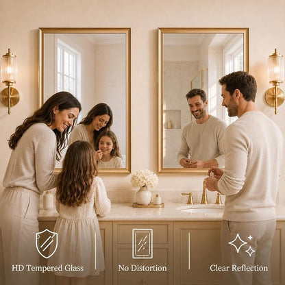 2 Pack 24x36 Inch Brushed Gold Bathroom Mirrors for Over Sink | Curved Aluminum Frame Rectangle Vanity Mirror Set for Double Sink, HD Tempered Glass, Anti-Rust, Horizontal or Vertical
