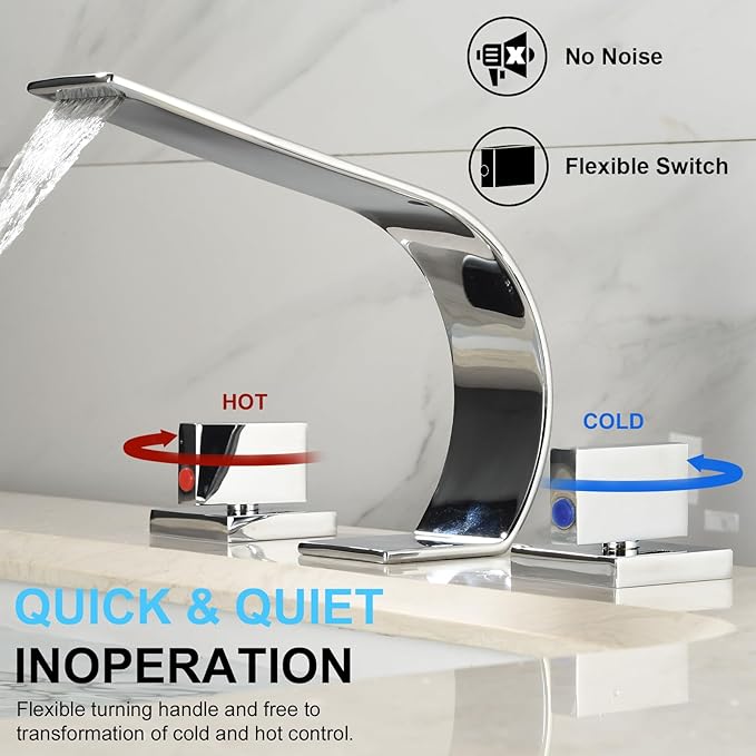 becola Chrome Bathroom Faucet 3 Hole,Ultrathin Low Arc 8 inch Widespread Bathroom Faucet,Waterfall Bathroom Faucet,2-Handle Modern Vanity Faucet with Hot and Cold Water Supply Hoses