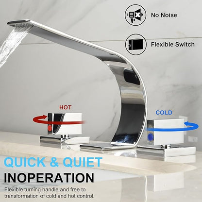 becola Chrome Bathroom Faucet 3 Hole,Ultrathin Low Arc 8 inch Widespread Bathroom Faucet,Waterfall Bathroom Faucet,2-Handle Modern Vanity Faucet with Hot and Cold Water Supply Hoses