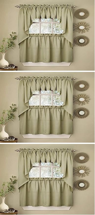 Sweet Home Collection Opaque Rib Cord Kitchen Curtains Swag Pair, Ribcord Sage (Pack of 3)