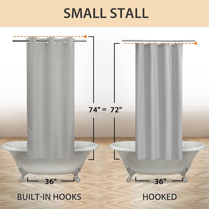 River Dream No Hook Stall Shower Curtain or Liner Microfiber Grey, 36x74 | Waterproof Small Fabric Shower Curtain Set for Narrow Stall, Bottom Magnets, Soft & Machine Washable, 36W x 74H