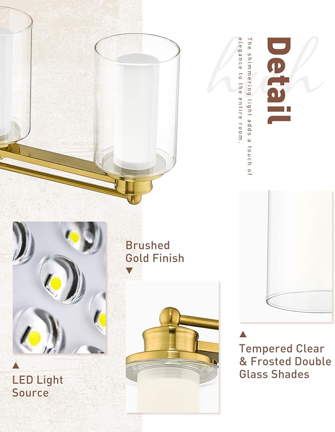 HWH 4-Light Bathroom Vanity Light, Brushed Gold, 5CCT, 5HLT63B-4W-LED BG | Clear Glass, Dimmable, 24W, Vanity Lights for Bathroom, Brass Wall Light Fixtures, Vanity Lights for Mirror, For Bedroom