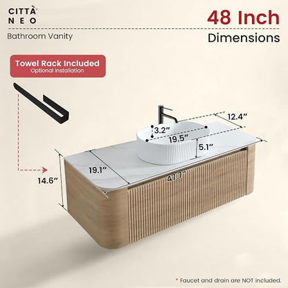 48" Floating Bathroom Vanity with White Sink, Honey Oak | Pre-Assembled Fluted Wall Mounted Vanity with Ceramic Vessel Sink, Rounded Edges, Soft-Close Drawer & Towel Rack