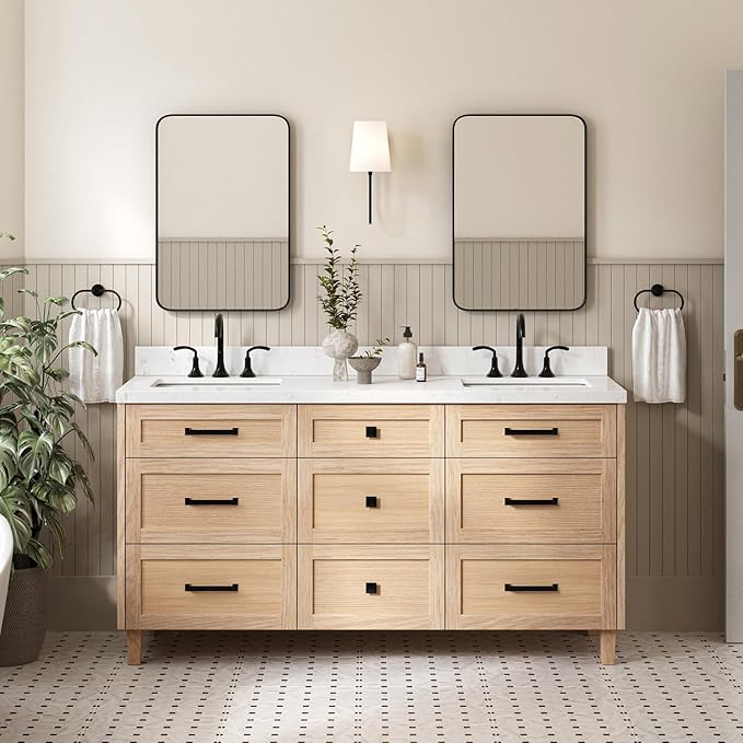 ARIEL Monroe 66-inch Bathroom Vanity with Sink,Solid Wood, 1.5-inch Carrara White Quartz Countertop & Backsplash, Double Oval Porcelain Sink, 9 Dovetail Drawers, Matte Black, White Oak