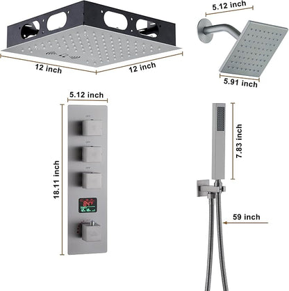 CASAINC Thermostatic Shower System 12" Ceiling-Mounted Rain Shower Head with 6" Shower Head, Smart Shower System with Handheld Spray, LED Light & Music, Water Temperature Display (Brushed Nickel)