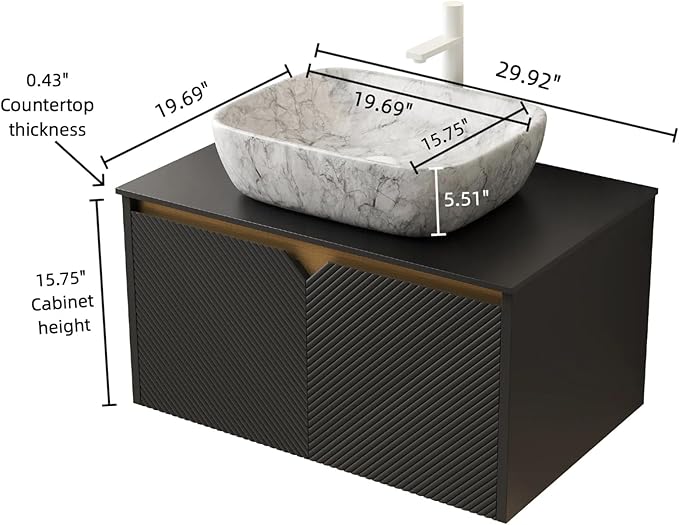 Floating Bathroom Vanity with Sink, 30" Bathroom Storage Cabinet with Sintered Stone Countertop & Marble-Pattern Ceramic Basin, Modern Wall-Mounted Vanity with 2 Twill Pattern Doors, Black