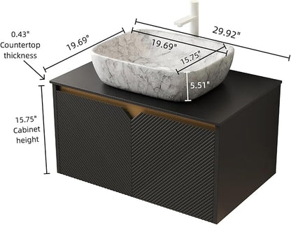 Floating Bathroom Vanity with Sink, 30" Bathroom Storage Cabinet with Sintered Stone Countertop & Marble-Pattern Ceramic Basin, Modern Wall-Mounted Vanity with 2 Twill Pattern Doors, Black