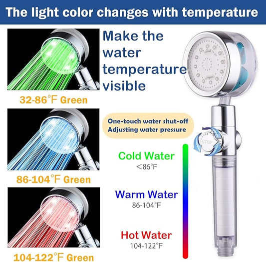ANTOWER LED Shower Head with Handheld High Pressure Shower Heads Set with 79 Inch Shower Hose,Shower Holder,4 PP Cotton Filters,Turbo Fan Shower Water Temperature-Controlled One Key Pause Switch