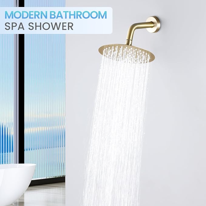 Brushed Gold Round Rainfall Shower Head, All Metal Stainless Steel Rain Shower Heads with 90 Anti-Clog Silicone Nozzles, Wall or Ceiling Mount, 8 inch