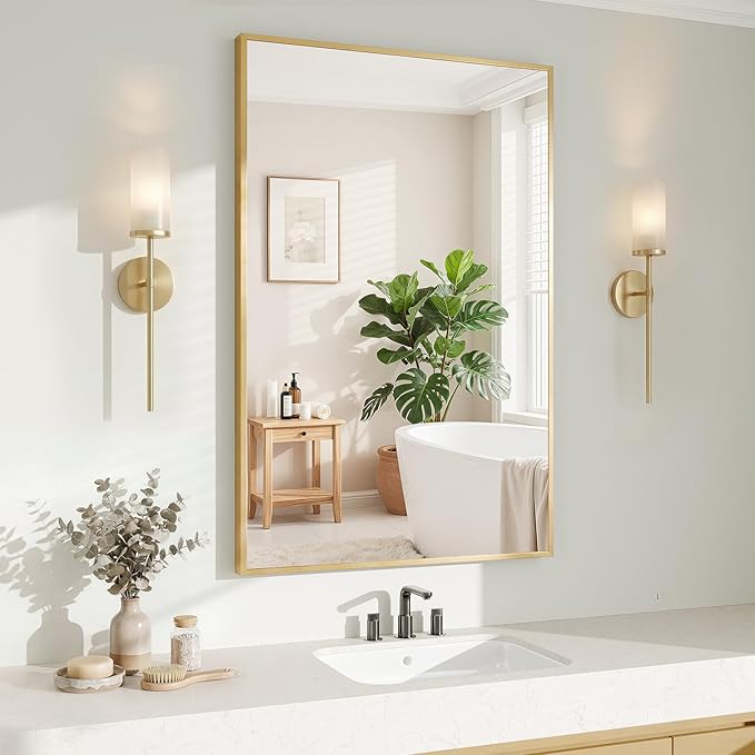 Koonmi Gold Rectangle Wall Mirror, 20x30 Inch Bathroom Mirror, Aluminum Frame Vanity Mirror for Entryway, Living Room, Bedroom Bathroom, Hangs Horizontally or Vertically