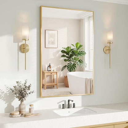 Koonmi Gold Rectangle Wall Mirror, 20x30 Inch Bathroom Mirror, Aluminum Frame Vanity Mirror for Entryway, Living Room, Bedroom Bathroom, Hangs Horizontally or Vertically