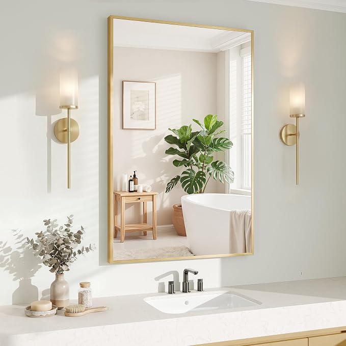 Koonmi Gold Rectangle Wall Mirror, 24x32 Inch Bathroom Mirror, Aluminum Frame Vanity Mirror for Entryway, Living Room, Bedroom Bathroom, Hangs Horizontally or Vertically