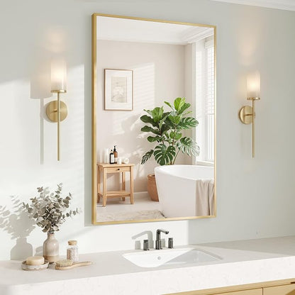 Koonmi Gold Rectangle Wall Mirror, 24x32 Inch Bathroom Mirror, Aluminum Frame Vanity Mirror for Entryway, Living Room, Bedroom Bathroom, Hangs Horizontally or Vertically