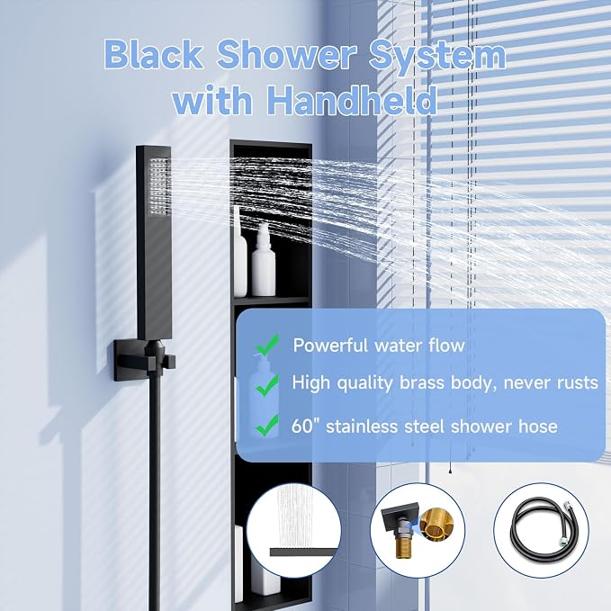 Thermostatic Rain Shower System, Black Multi Shower Head System with Body Jets, 23Inch Ceiling Mounted Full Body Rainfall Waterfall Shower System with Handheld, Tub Spout, LED Light and Music