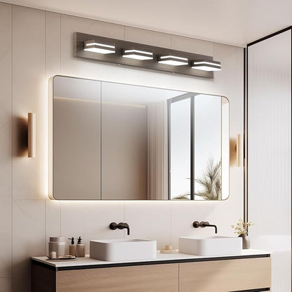 SineRise LED Modern Bathroom Vanity Light Fixtures (4-Light, 30-Inch), Brown Wood Painted Modern Acrylic Bathroom Wall Lighting Fixtures Over Mirror (Cool White 6000K)
