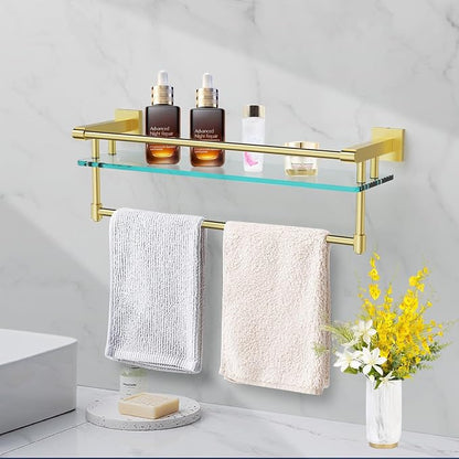 Bathroom Glass Shelf with Towel Rack Organizer Wall-Mounted Bathroom Storage SUS304 Stainless Steel Track Wall-Mounted Tempered Glass Stainless Steel Shelf (Brushed Gold, 20-inch)