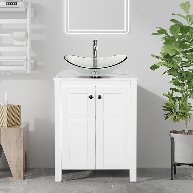 24 Inch White Bathroom Vanity with Marble Texture Top, Traditional Standing Pedestal Cabinet with Clear Boat Glass Sink