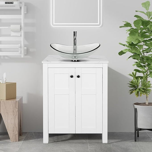 24 Inch White Bathroom Vanity with Marble Texture Top, Traditional Standing Pedestal Cabinet with Clear Boat Glass Sink