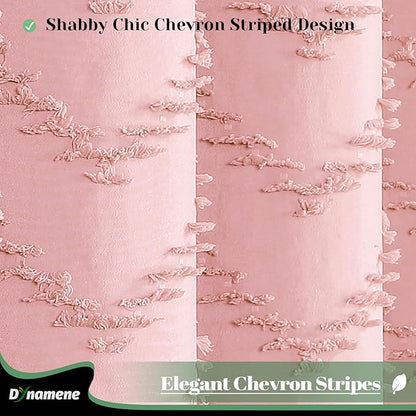 Dynamene Boho Farmhouse Shower Curtain, Pink Fabric Tufted Chevron Striped Textured Tassel Shower Curtains for Bathroom, Water Repellent, Minimalist Ruffled Cloth Shower Curtain Set with Hook, 72x72