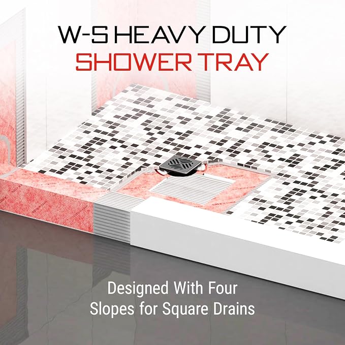 GURU USA W-S Heavy Duty Shower Tray for Square Drain, Bathroom Shower Pan Kit with Pre-Sloped Shower Base & Waterproofing Membrane, 48” x 72”, Four Slopes, Center Drain