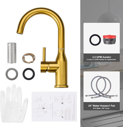 WOWOW Brushed Gold Bar Sink Faucet Single Hole Bar Faucet 1 Handle Small Kithcen Faucet for Wet Bar and RV Sink
