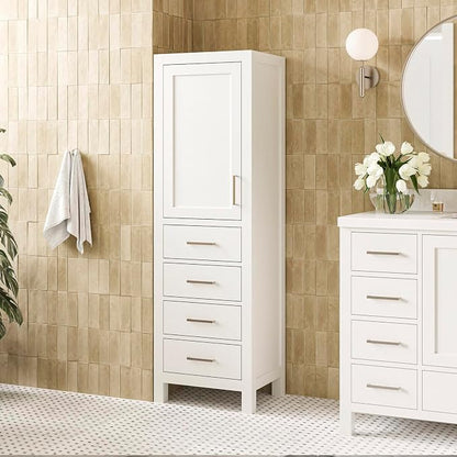 ARIEL Cambridge Bathroom Storage Cabinet - Solid Hevea Wood and Fully Assembled for Long-Lasting Durability and Sophisticated Finish, Freestanding Linen Bathroom Cabinet - 65”H x 20”W x 16”D, White