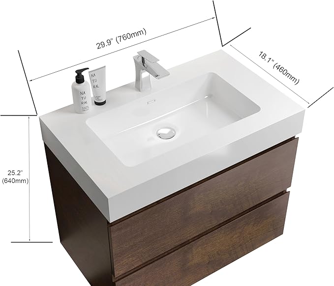 30" Floating Bathroom Vanity with Sink, Modern Bathroom Cabinet with Top and Soft Close Drawers, Spacious Storage for Small Space, Walnut - Lavanda Collection