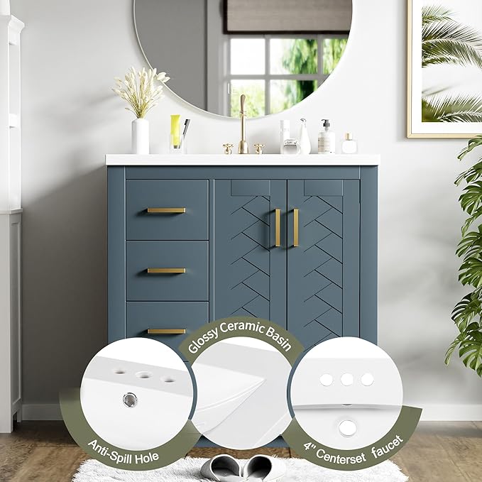 Merax Herringbone Single Sink Bathroom Vanity, Freestanding 30" Modern Bathroom Vanity Storage Cabinet with 3 Drawers and 2 Doors, Solid Wood Frame