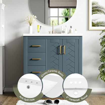 Merax Herringbone Single Sink Bathroom Vanity, Freestanding 30" Modern Bathroom Vanity Storage Cabinet with 3 Drawers and 2 Doors, Solid Wood Frame